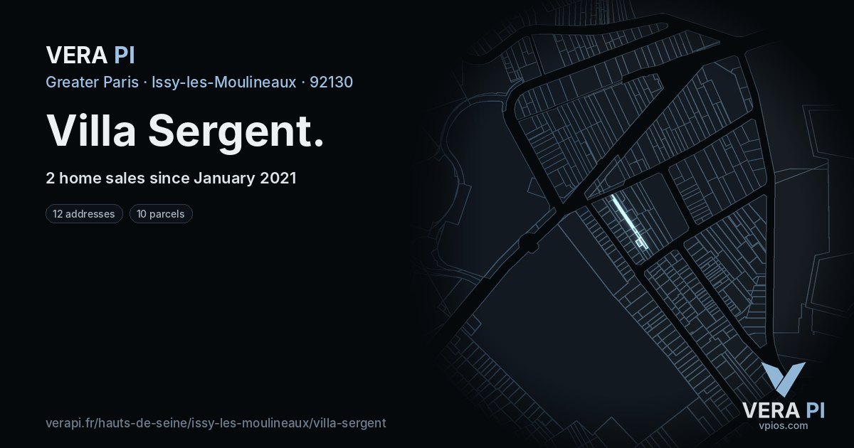 Villa Sergent, Issy-les-Moulineaux at night – every parcel coloured by the prices around it, the street's own parcels lit