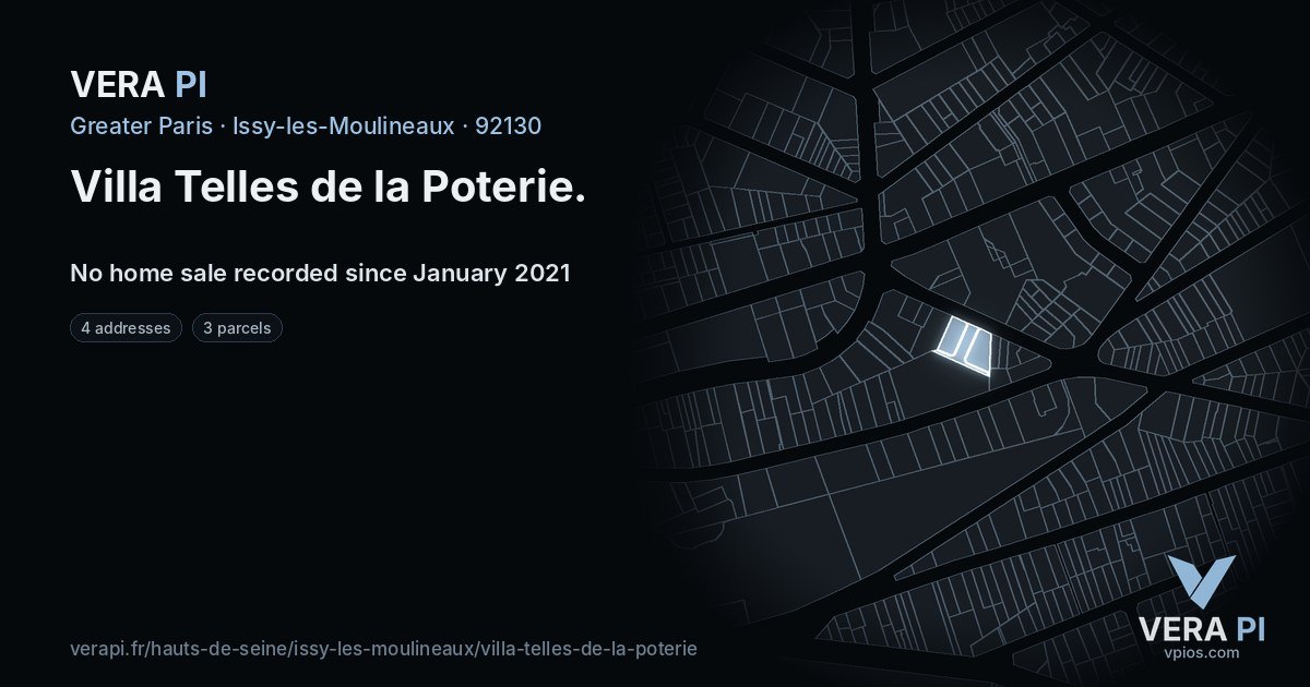 Villa Telles de la Poterie, Issy-les-Moulineaux at night – every parcel coloured by the prices around it, the street's own parcels lit