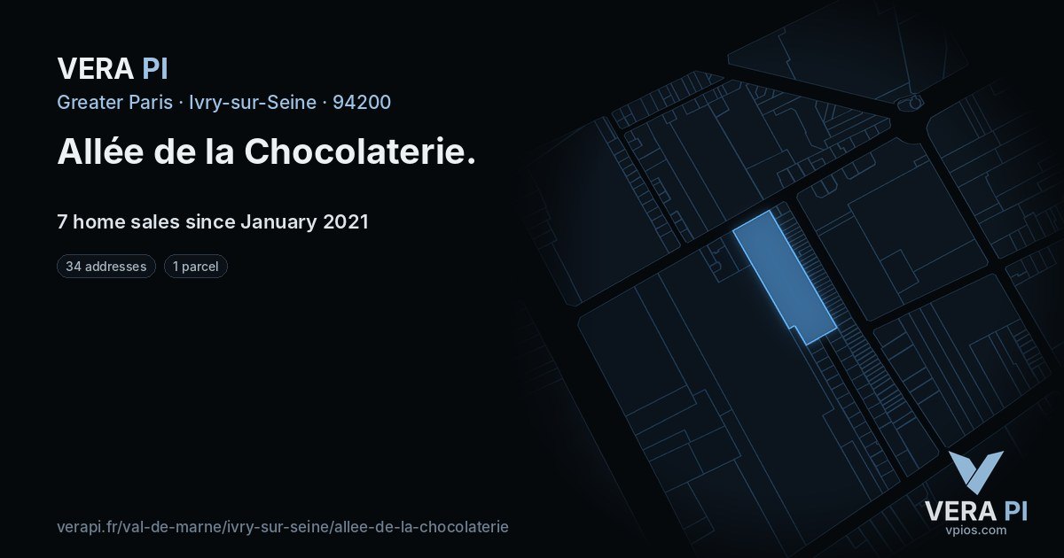Allée de la Chocolaterie, Ivry-sur-Seine at night – every parcel coloured by the prices around it, the street's own parcels lit