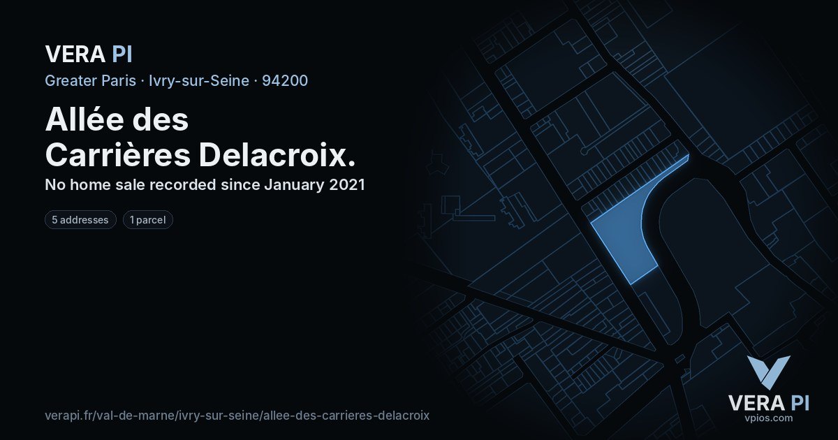 Allée des Carrières Delacroix, Ivry-sur-Seine at night – every parcel coloured by the prices around it, the street's own parcels lit