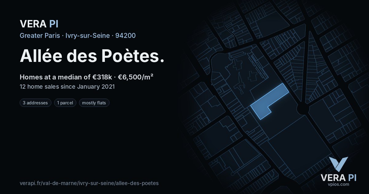 Allée des Poètes, Ivry-sur-Seine at night – every parcel coloured by the prices around it, the street's own parcels lit