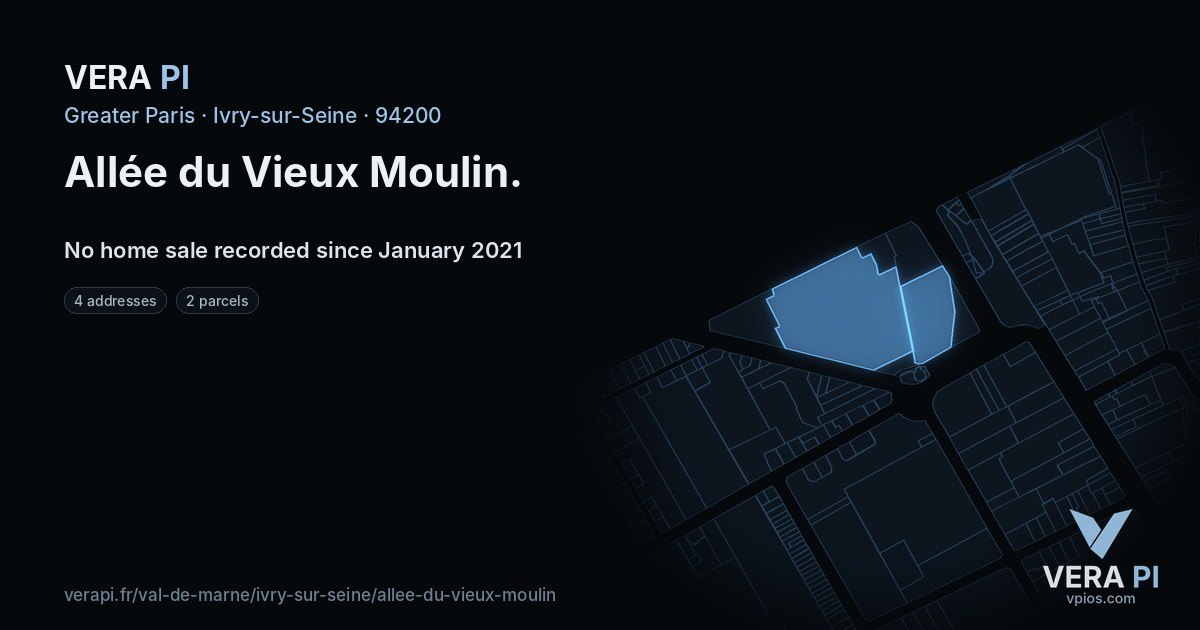 Allée du Vieux Moulin, Ivry-sur-Seine at night – every parcel coloured by the prices around it, the street's own parcels lit