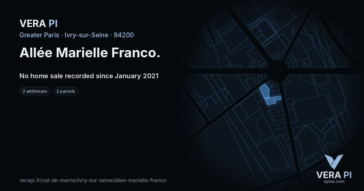 Allée Marielle Franco, Ivry-sur-Seine at night – every parcel coloured by the prices around it, the street's own parcels lit