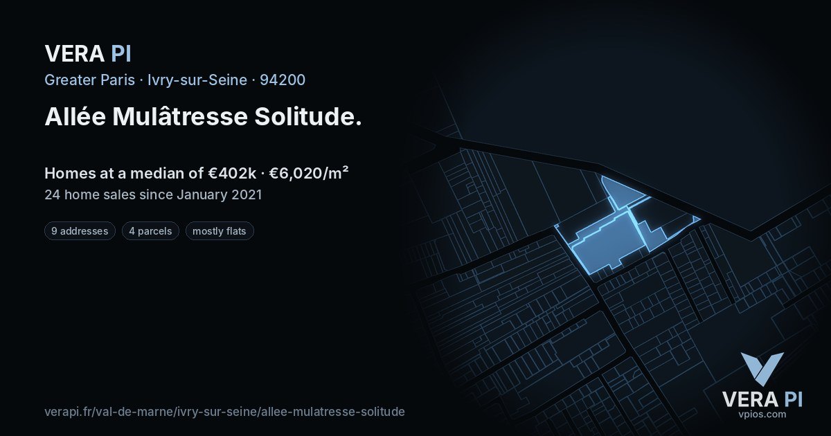 Allée Mulâtresse Solitude, Ivry-sur-Seine at night – every parcel coloured by the prices around it, the street's own parcels lit