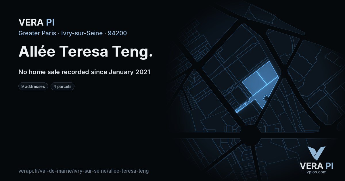 Allée Teresa Teng, Ivry-sur-Seine at night – every parcel coloured by the prices around it, the street's own parcels lit