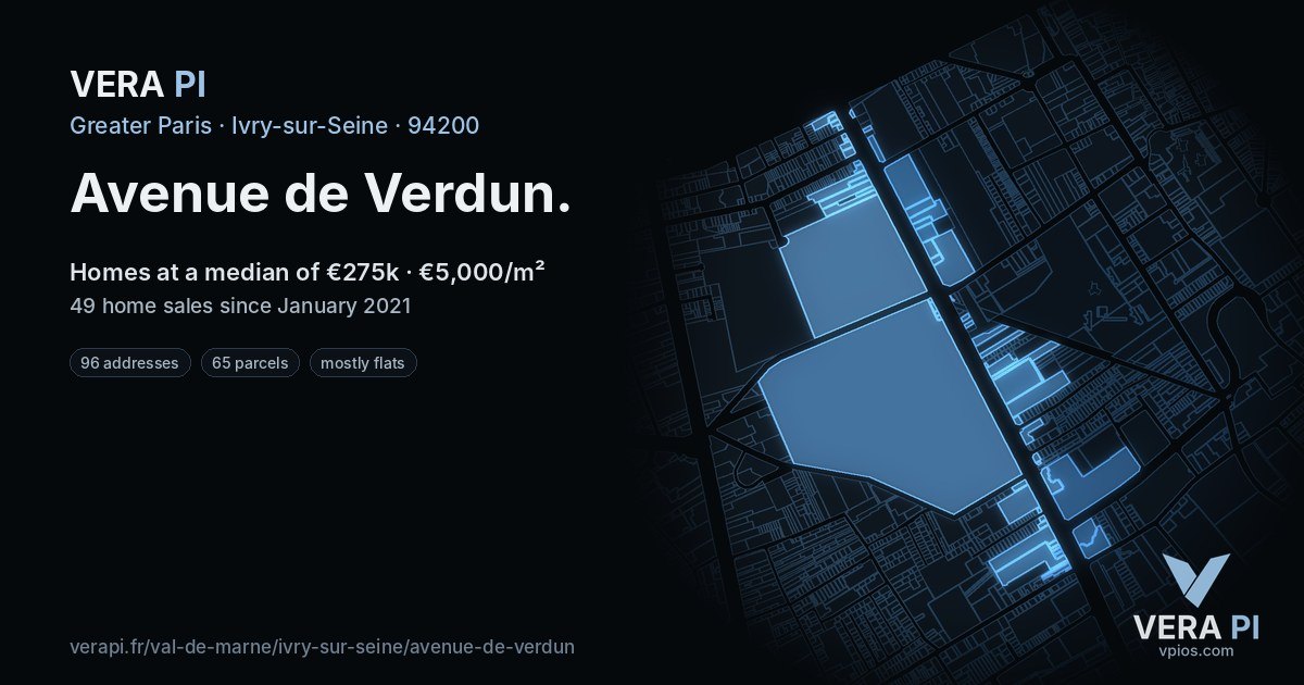 Avenue de Verdun, Ivry-sur-Seine at night – every parcel coloured by the prices around it, the street's own parcels lit