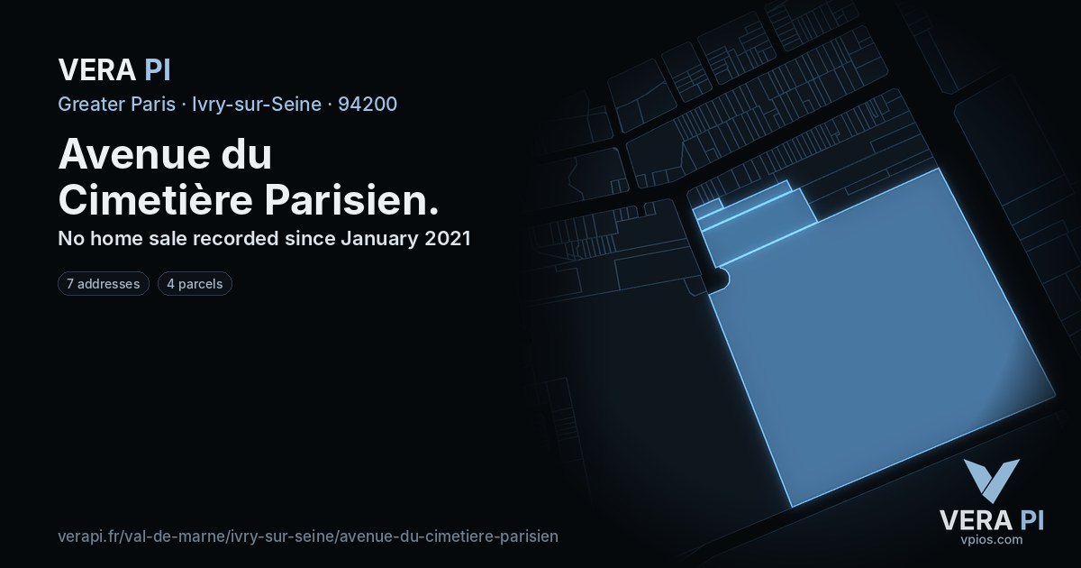 Avenue du Cimetière Parisien, Ivry-sur-Seine at night – every parcel coloured by the prices around it, the street's own parcels lit