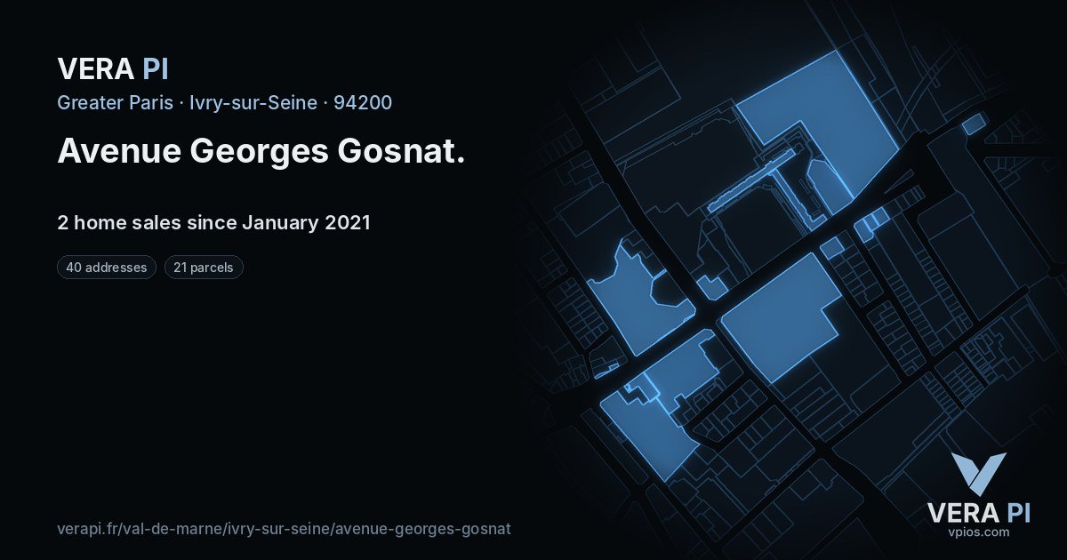 Avenue Georges Gosnat, Ivry-sur-Seine at night – every parcel coloured by the prices around it, the street's own parcels lit