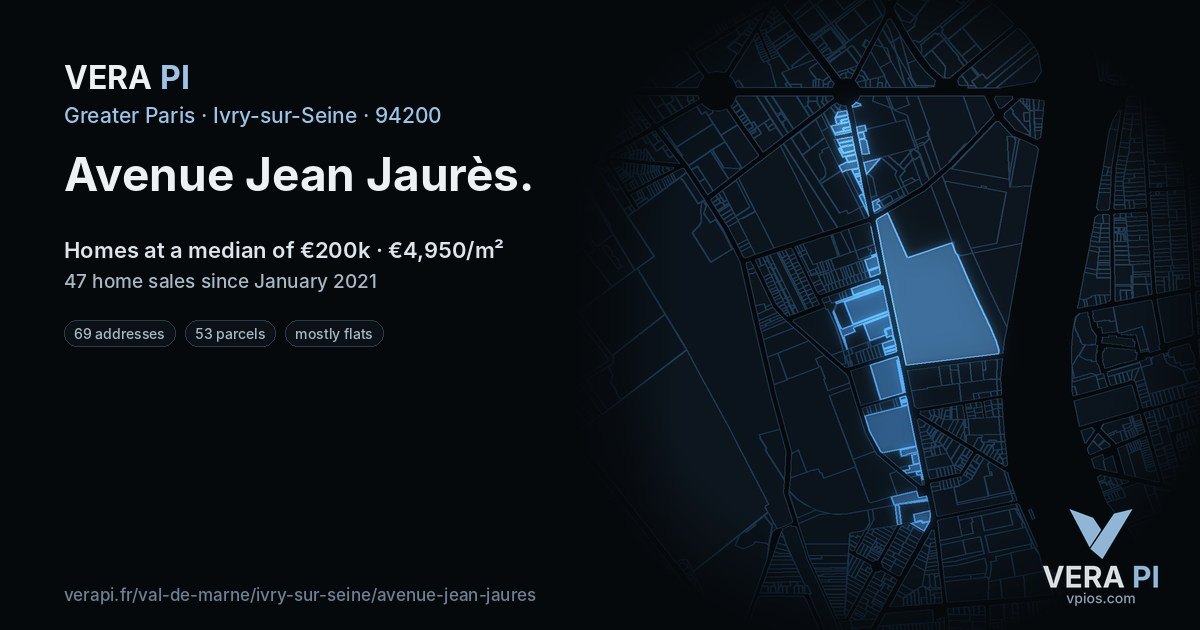 Avenue Jean Jaurès, Ivry-sur-Seine at night – every parcel coloured by the prices around it, the street's own parcels lit