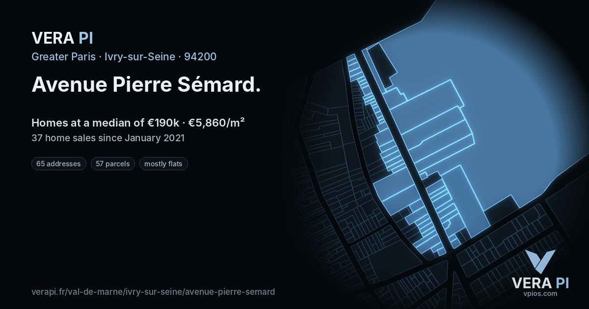 Avenue Pierre Sémard, Ivry-sur-Seine at night – every parcel coloured by the prices around it, the street's own parcels lit