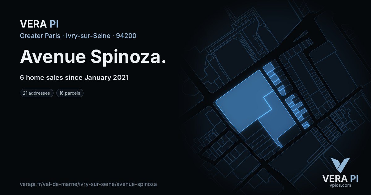 Avenue Spinoza, Ivry-sur-Seine at night – every parcel coloured by the prices around it, the street's own parcels lit
