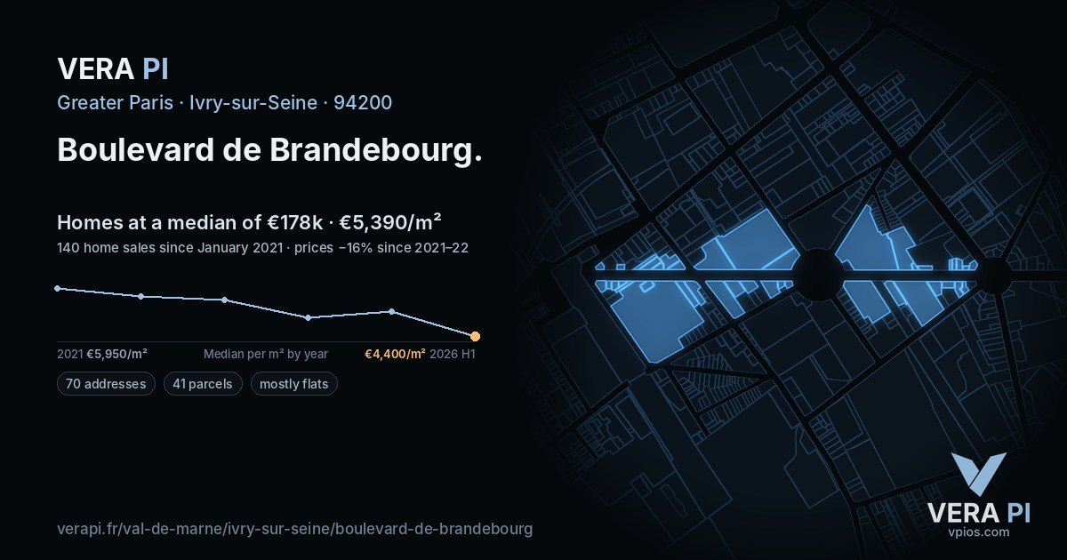 Boulevard de Brandebourg, Ivry-sur-Seine at night – every parcel coloured by the prices around it, the street's own parcels lit