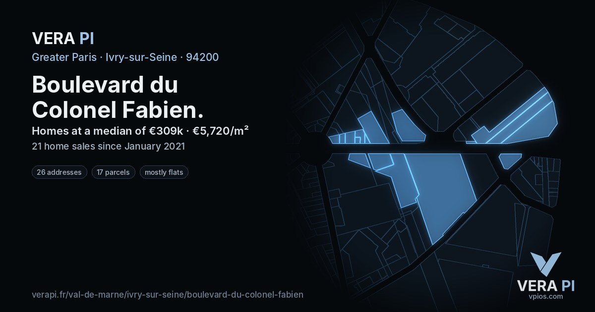 Boulevard du Colonel Fabien, Ivry-sur-Seine at night – every parcel coloured by the prices around it, the street's own parcels lit