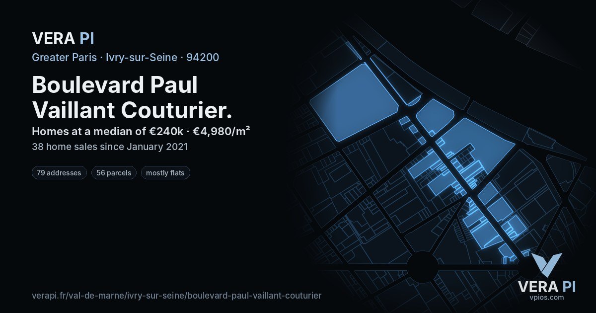 Boulevard Paul Vaillant Couturier, Ivry-sur-Seine at night – every parcel coloured by the prices around it, the street's own parcels lit