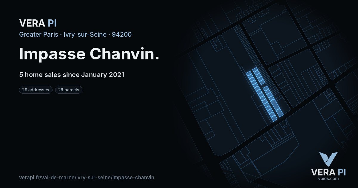 Impasse Chanvin, Ivry-sur-Seine at night – every parcel coloured by the prices around it, the street's own parcels lit