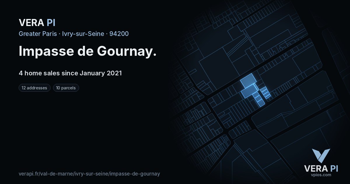 Impasse de Gournay, Ivry-sur-Seine at night – every parcel coloured by the prices around it, the street's own parcels lit