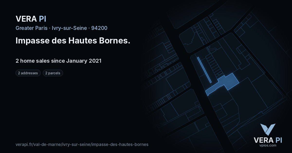 Impasse des Hautes Bornes, Ivry-sur-Seine at night – every parcel coloured by the prices around it, the street's own parcels lit