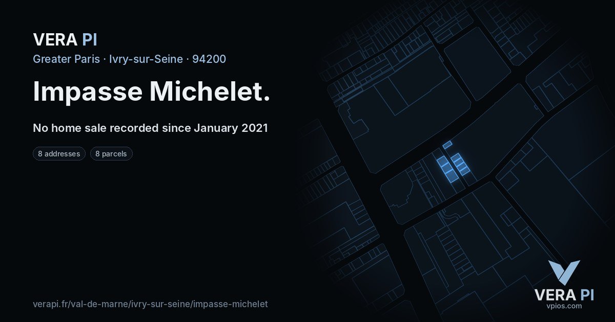 Impasse Michelet, Ivry-sur-Seine at night – every parcel coloured by the prices around it, the street's own parcels lit