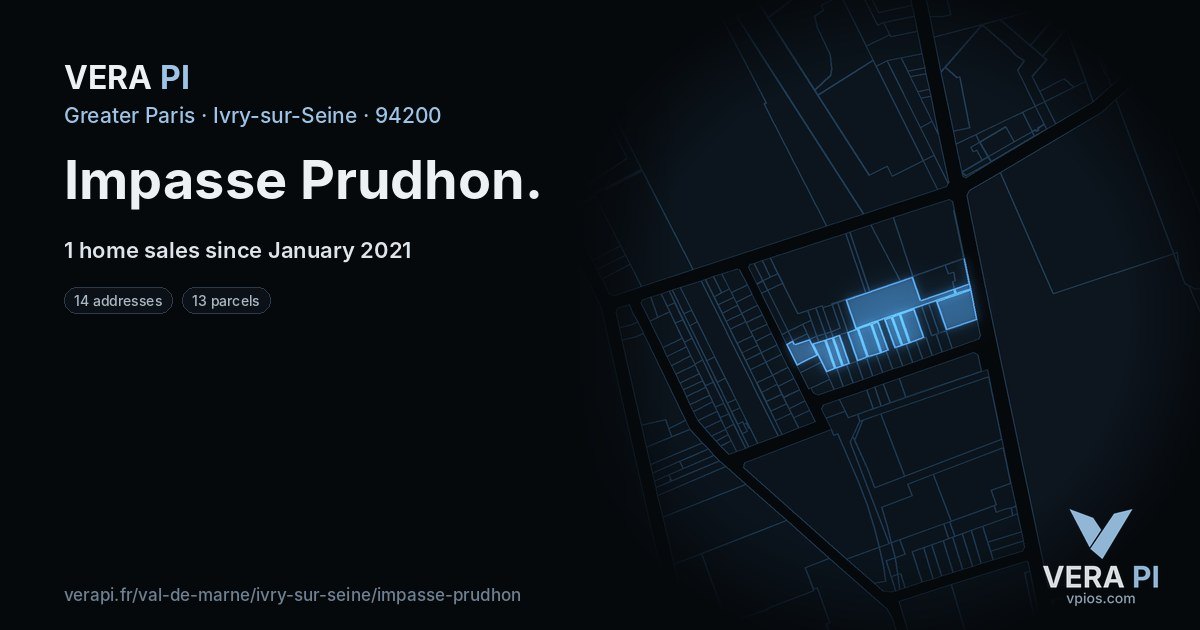 Impasse Prudhon, Ivry-sur-Seine at night – every parcel coloured by the prices around it, the street's own parcels lit