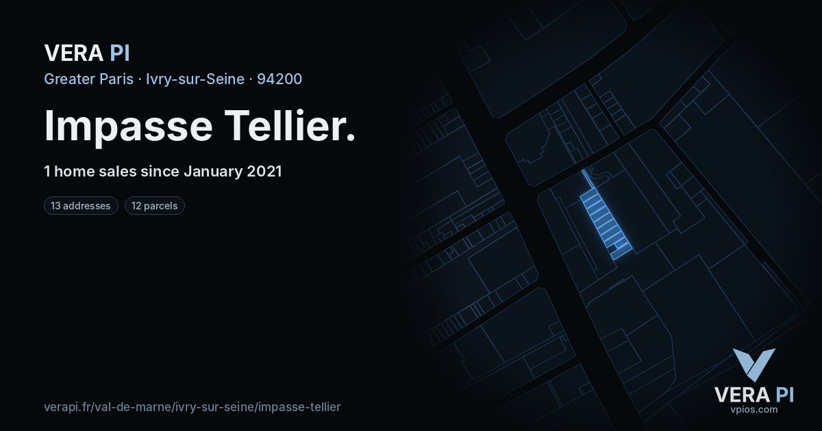 Impasse Tellier, Ivry-sur-Seine at night – every parcel coloured by the prices around it, the street's own parcels lit