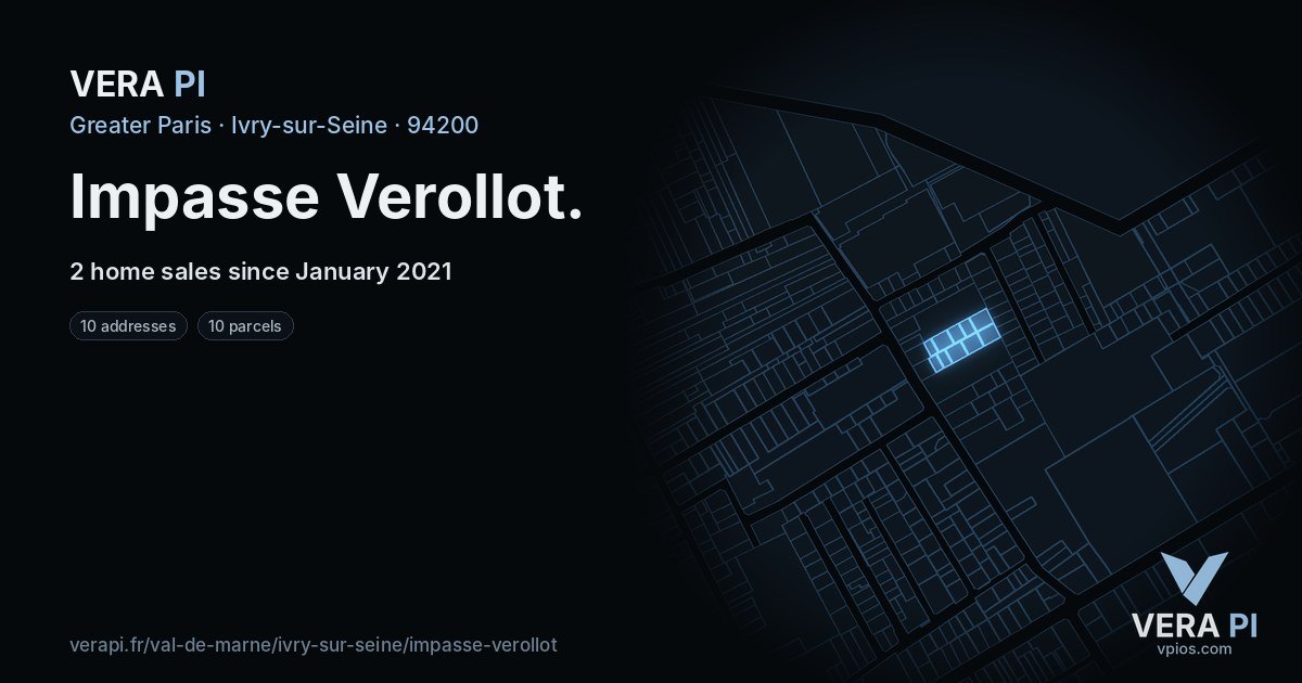 Impasse Verollot, Ivry-sur-Seine at night – every parcel coloured by the prices around it, the street's own parcels lit