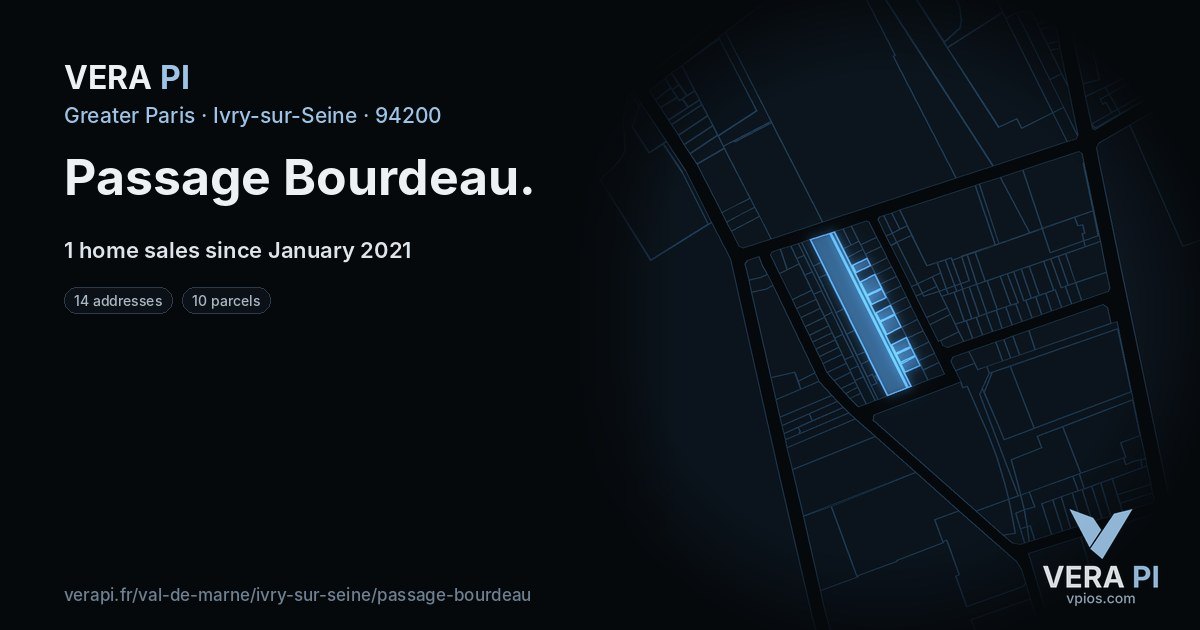 Passage Bourdeau, Ivry-sur-Seine at night – every parcel coloured by the prices around it, the street's own parcels lit