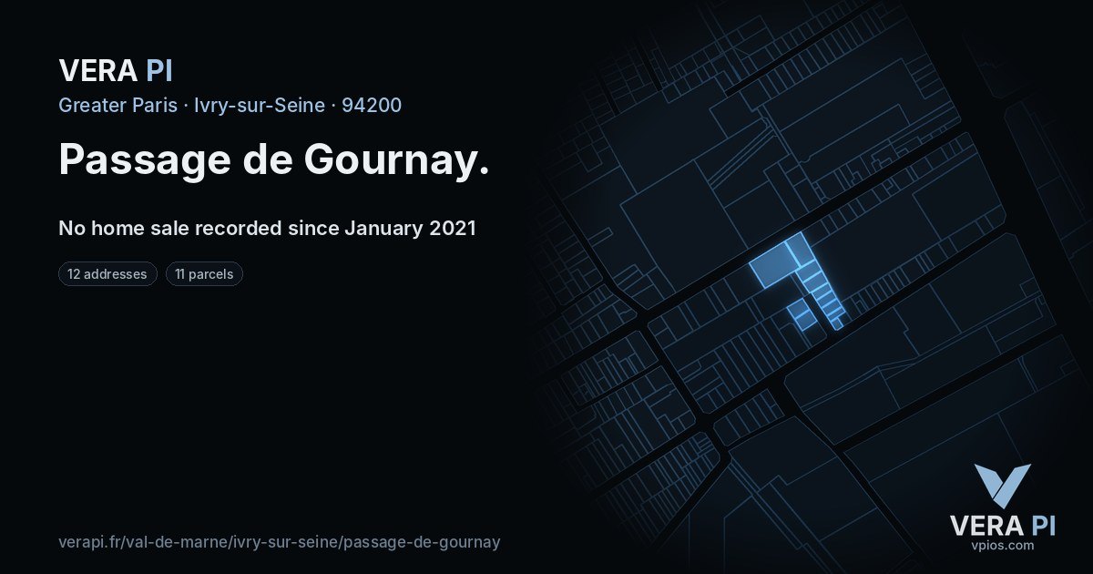 Passage de Gournay, Ivry-sur-Seine at night – every parcel coloured by the prices around it, the street's own parcels lit