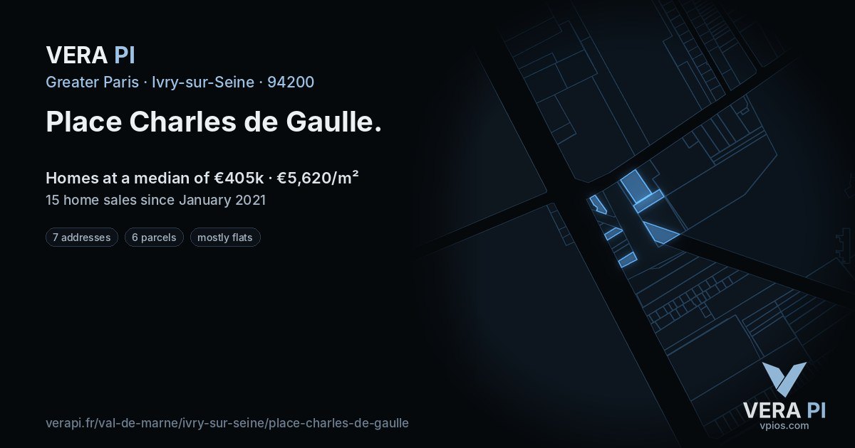 Place Charles de Gaulle, Ivry-sur-Seine at night – every parcel coloured by the prices around it, the street's own parcels lit