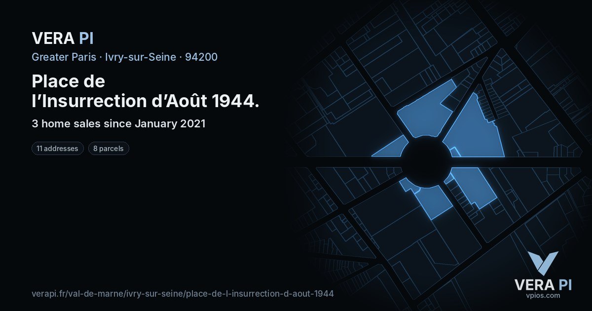 Place de l’Insurrection d’Août 1944, Ivry-sur-Seine at night – every parcel coloured by the prices around it, the street's own parcels lit