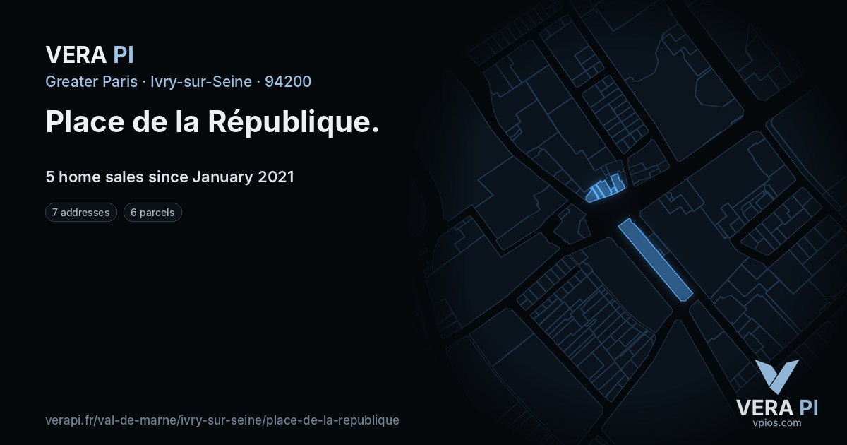 Place de la République, Ivry-sur-Seine at night – every parcel coloured by the prices around it, the street's own parcels lit