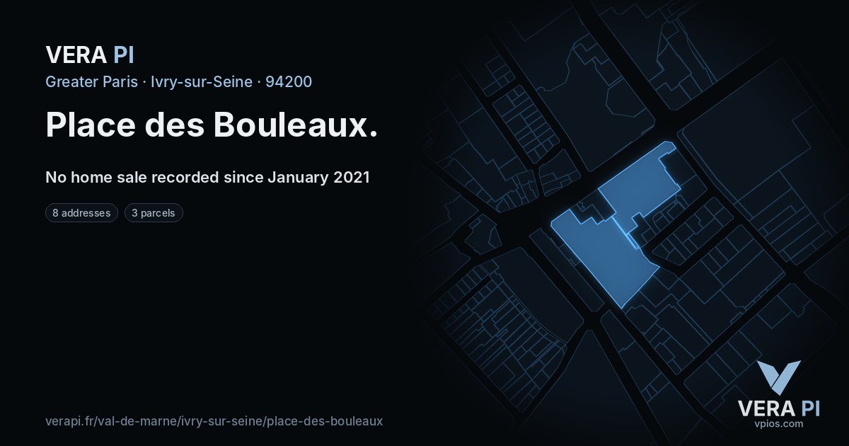 Place des Bouleaux, Ivry-sur-Seine at night – every parcel coloured by the prices around it, the street's own parcels lit
