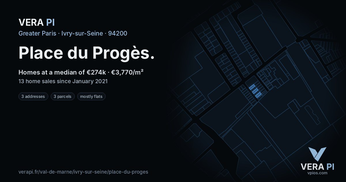 Place du Progès, Ivry-sur-Seine at night – every parcel coloured by the prices around it, the street's own parcels lit