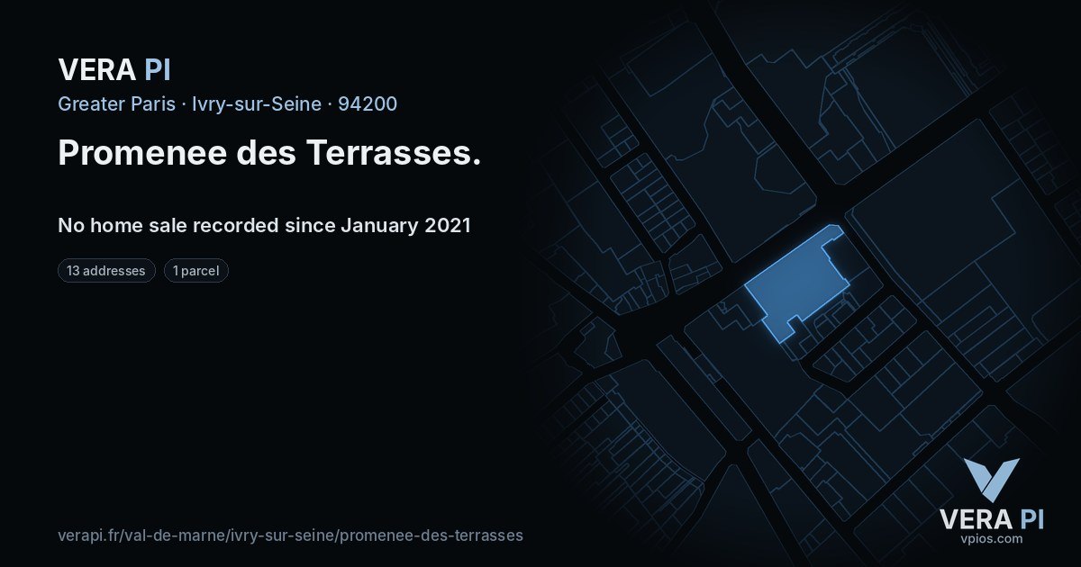 Promenee des Terrasses, Ivry-sur-Seine at night – every parcel coloured by the prices around it, the street's own parcels lit