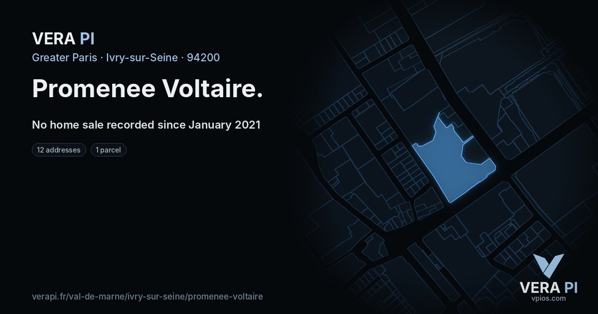 Promenee Voltaire, Ivry-sur-Seine at night – every parcel coloured by the prices around it, the street's own parcels lit