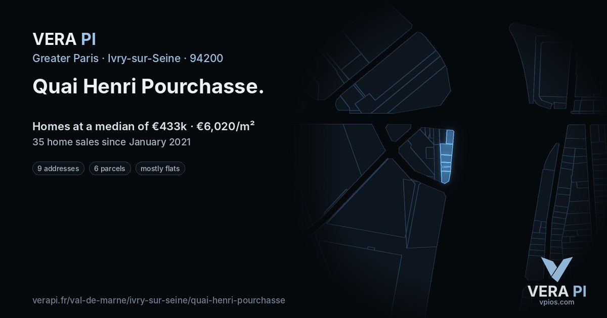 Quai Henri Pourchasse, Ivry-sur-Seine at night – every parcel coloured by the prices around it, the street's own parcels lit