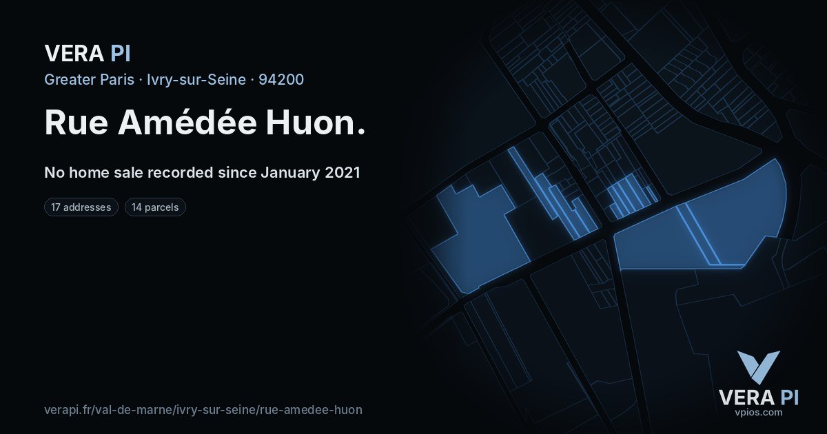 Rue Amédée Huon, Ivry-sur-Seine at night – every parcel coloured by the prices around it, the street's own parcels lit