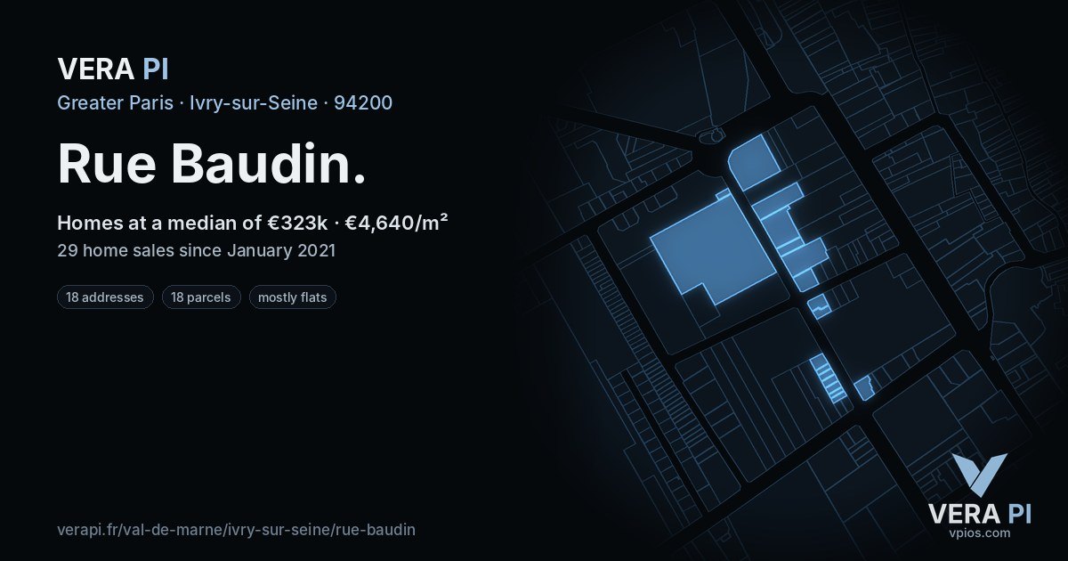 Rue Baudin, Ivry-sur-Seine at night – every parcel coloured by the prices around it, the street's own parcels lit