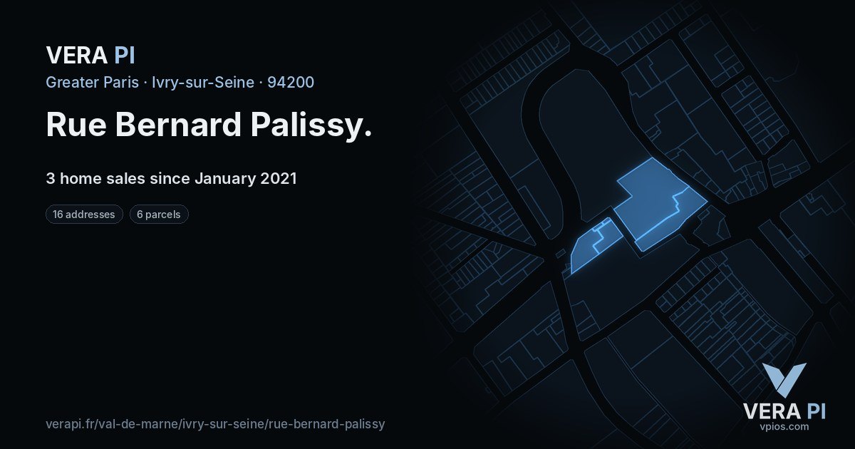 Rue Bernard Palissy, Ivry-sur-Seine at night – every parcel coloured by the prices around it, the street's own parcels lit