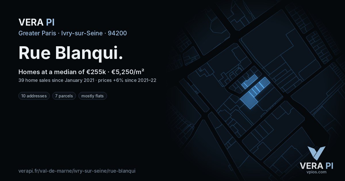 Rue Blanqui, Ivry-sur-Seine at night – every parcel coloured by the prices around it, the street's own parcels lit