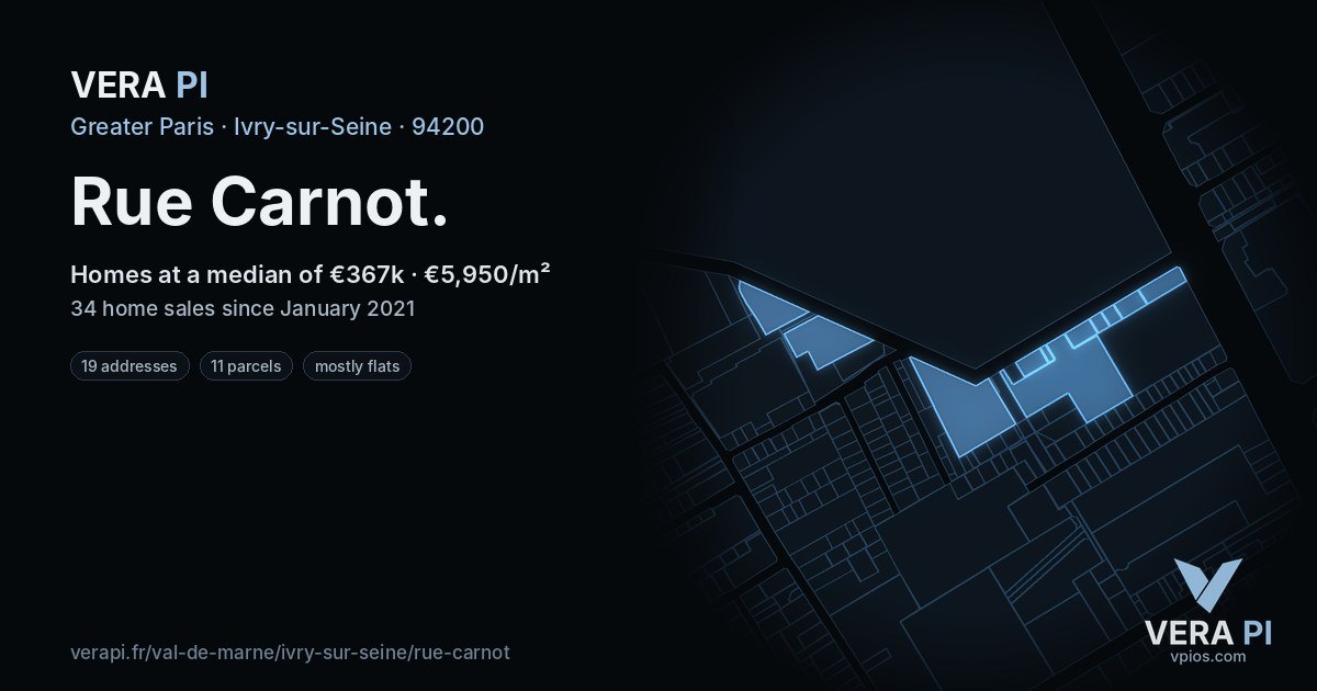Rue Carnot, Ivry-sur-Seine at night – every parcel coloured by the prices around it, the street's own parcels lit