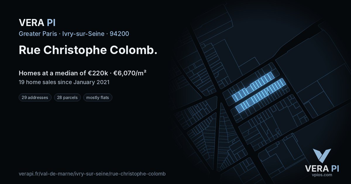 Rue Christophe Colomb, Ivry-sur-Seine at night – every parcel coloured by the prices around it, the street's own parcels lit