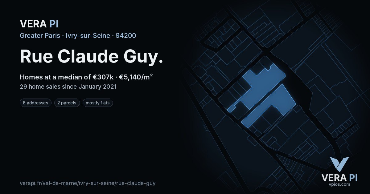 Rue Claude Guy, Ivry-sur-Seine at night – every parcel coloured by the prices around it, the street's own parcels lit