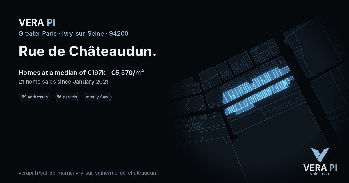 Rue de Châteaudun, Ivry-sur-Seine at night – every parcel coloured by the prices around it, the street's own parcels lit