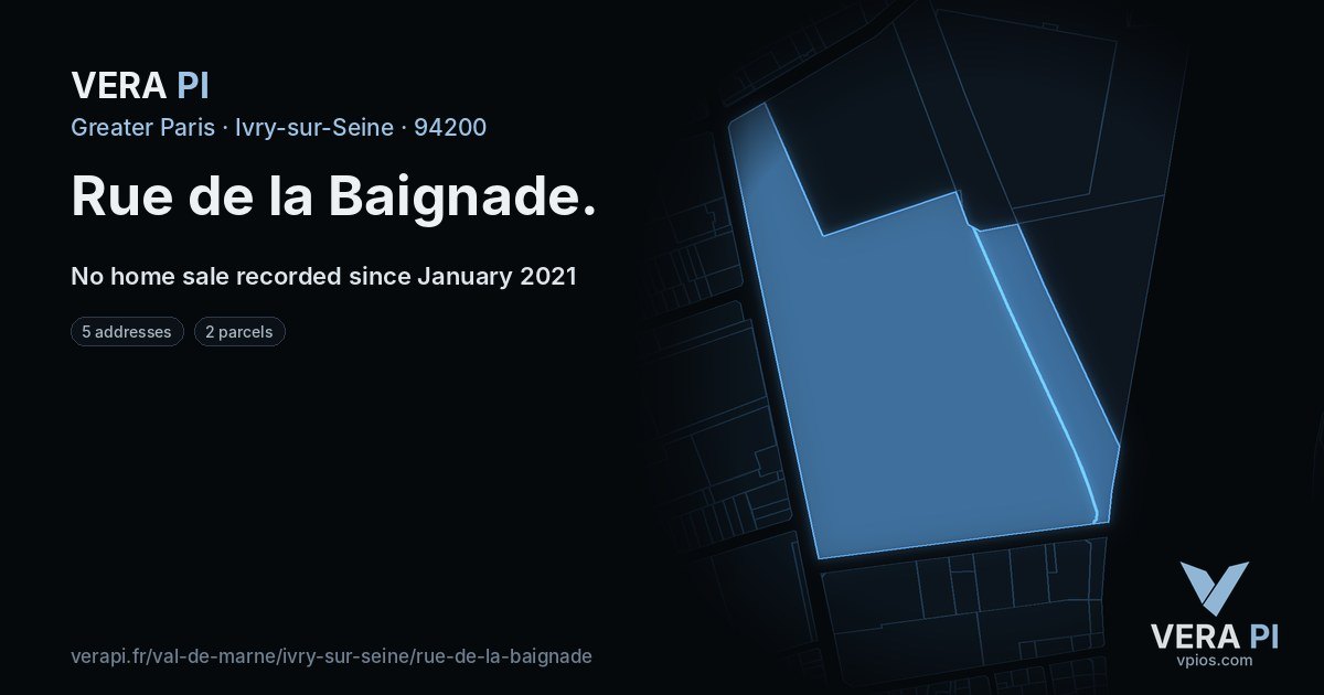 Rue de la Baignade, Ivry-sur-Seine at night – every parcel coloured by the prices around it, the street's own parcels lit