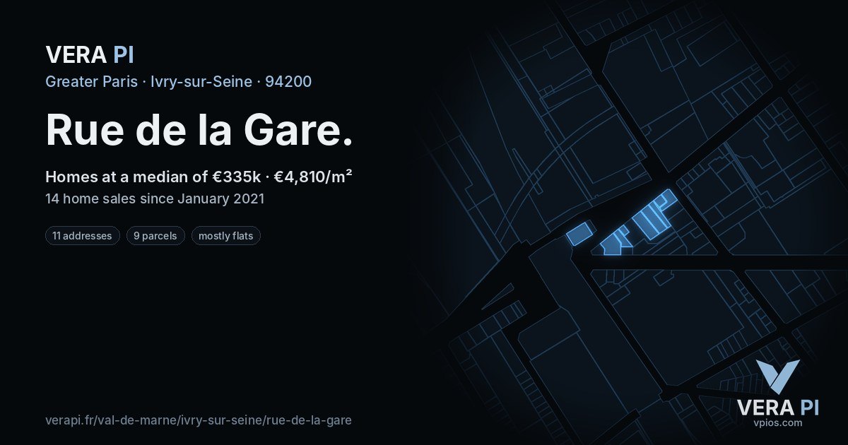 Rue de la Gare, Ivry-sur-Seine at night – every parcel coloured by the prices around it, the street's own parcels lit