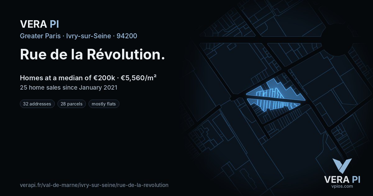 Rue de la Révolution, Ivry-sur-Seine at night – every parcel coloured by the prices around it, the street's own parcels lit