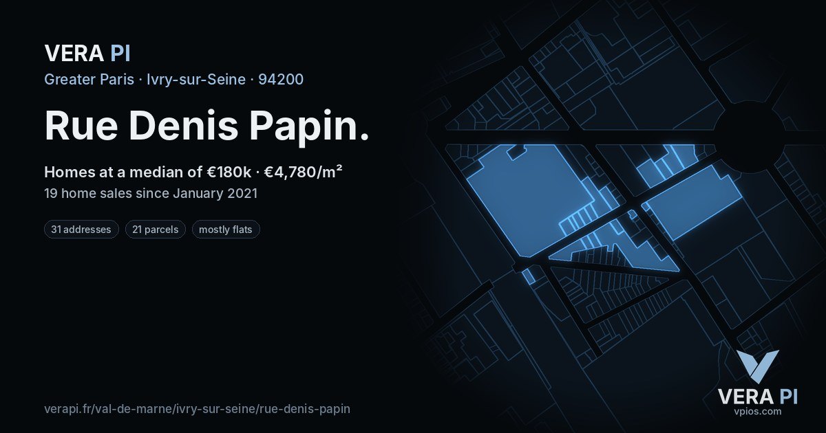 Rue Denis Papin, Ivry-sur-Seine at night – every parcel coloured by the prices around it, the street's own parcels lit