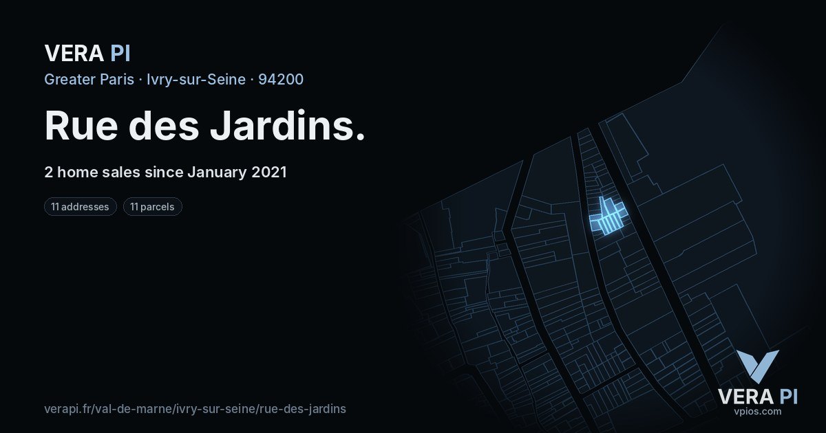 Rue des Jardins, Ivry-sur-Seine at night – every parcel coloured by the prices around it, the street's own parcels lit