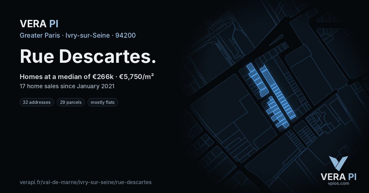Rue Descartes, Ivry-sur-Seine at night – every parcel coloured by the prices around it, the street's own parcels lit