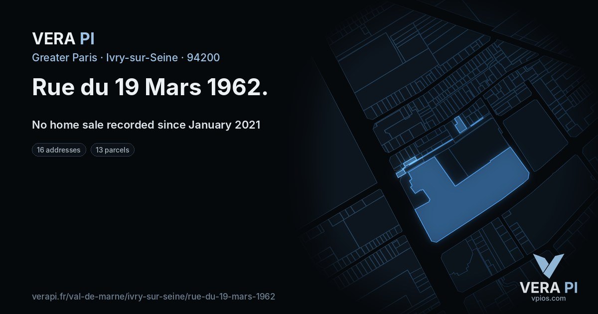 Rue du 19 Mars 1962, Ivry-sur-Seine at night – every parcel coloured by the prices around it, the street's own parcels lit